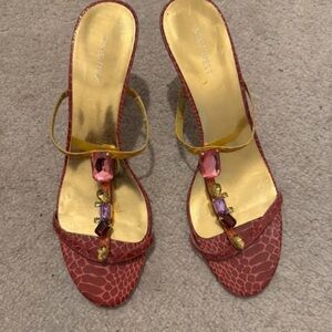 Anne Klein Pink Patterned Gem T-Strap Heels with Gold Insole